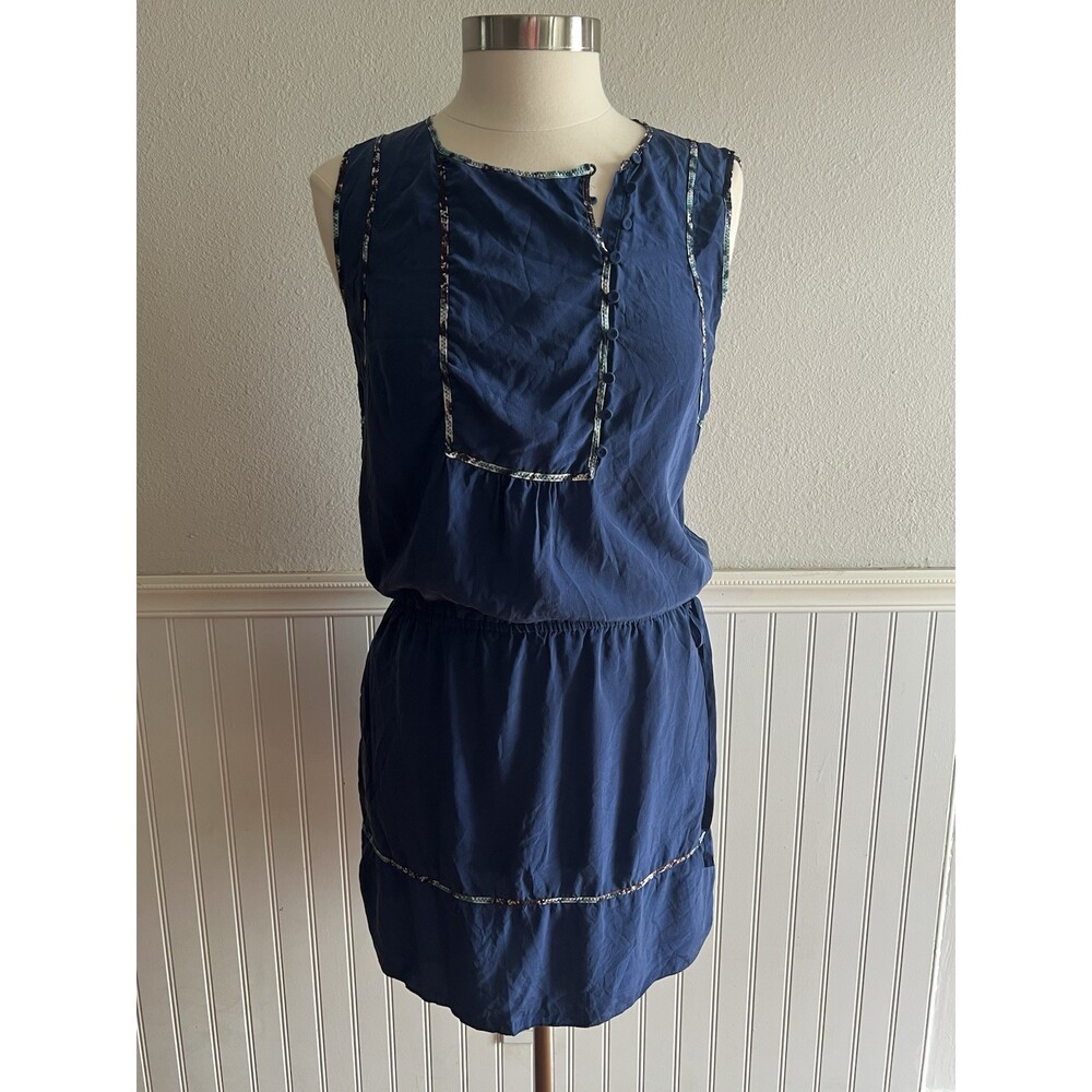 BCBGMAXAZRIA 100% Silk Mini Shift Dress Sleeveless Elastic Waist  Blue M